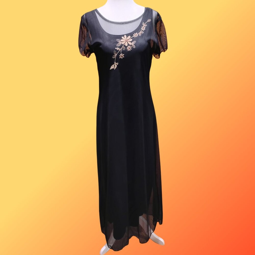Women's Sheer Black 2 Piece Maxi Dress Embroidered Flower Accent Size M